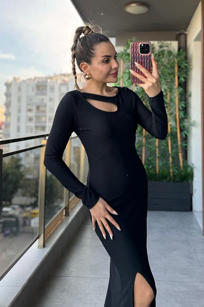 Slevee Yakası Dekolteli Siyah Fitilli Elbise