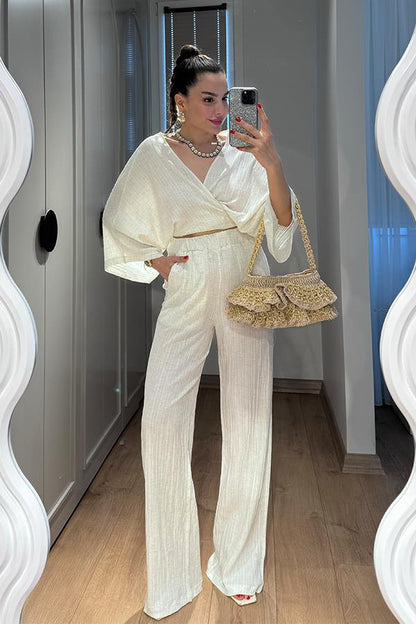 Soares Keten Bağlamalı Bluz Pantolon Takım-Ekru