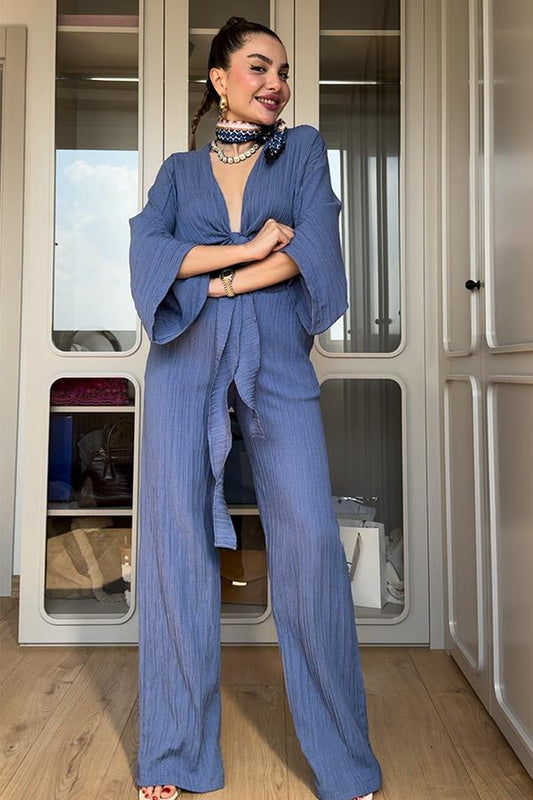 Soares Keten Bağlamalı Bluz Pantolon Takım-Mavi