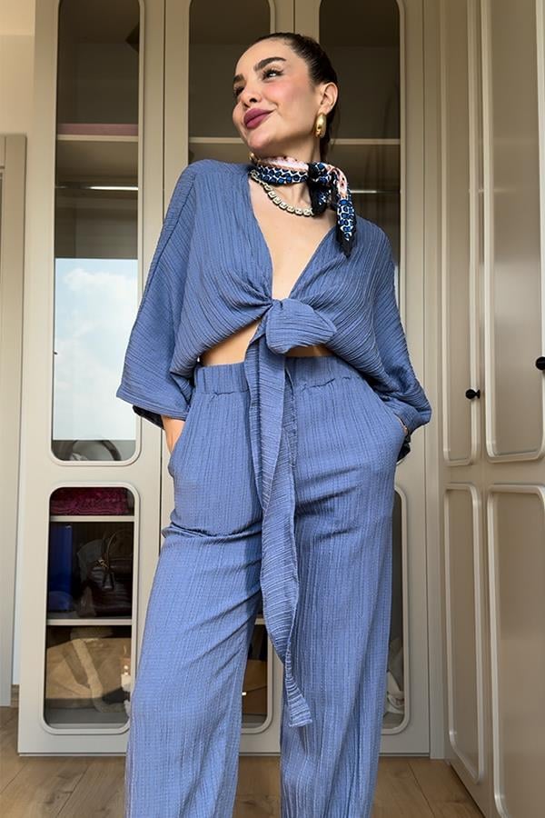 Soares Keten Bağlamalı Bluz Pantolon Takım-Mavi