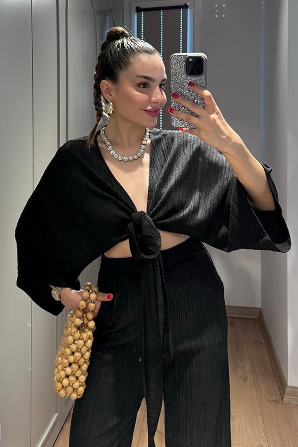 Soares Keten Bağlamalı Bluz Pantolon Takım-Siyah