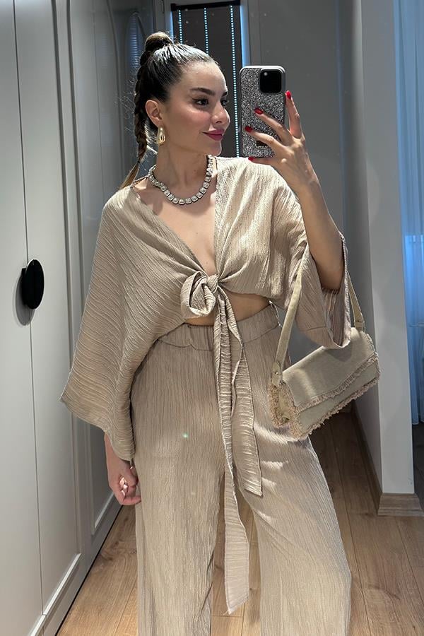 Soares Keten Bağlamalı Bluz Pantolon Takım-Vizon