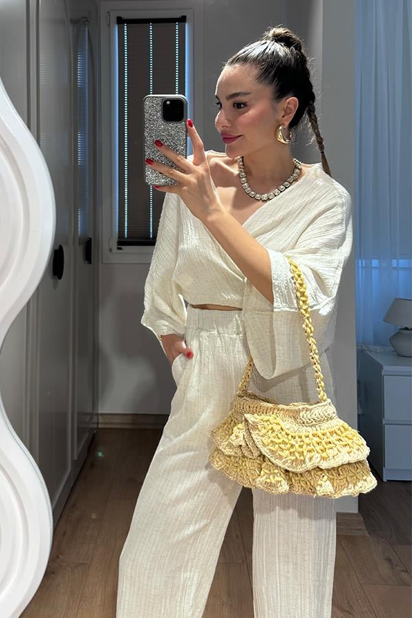 Soares Keten Bağlamalı Bluz Pantolon Takım-Ekru