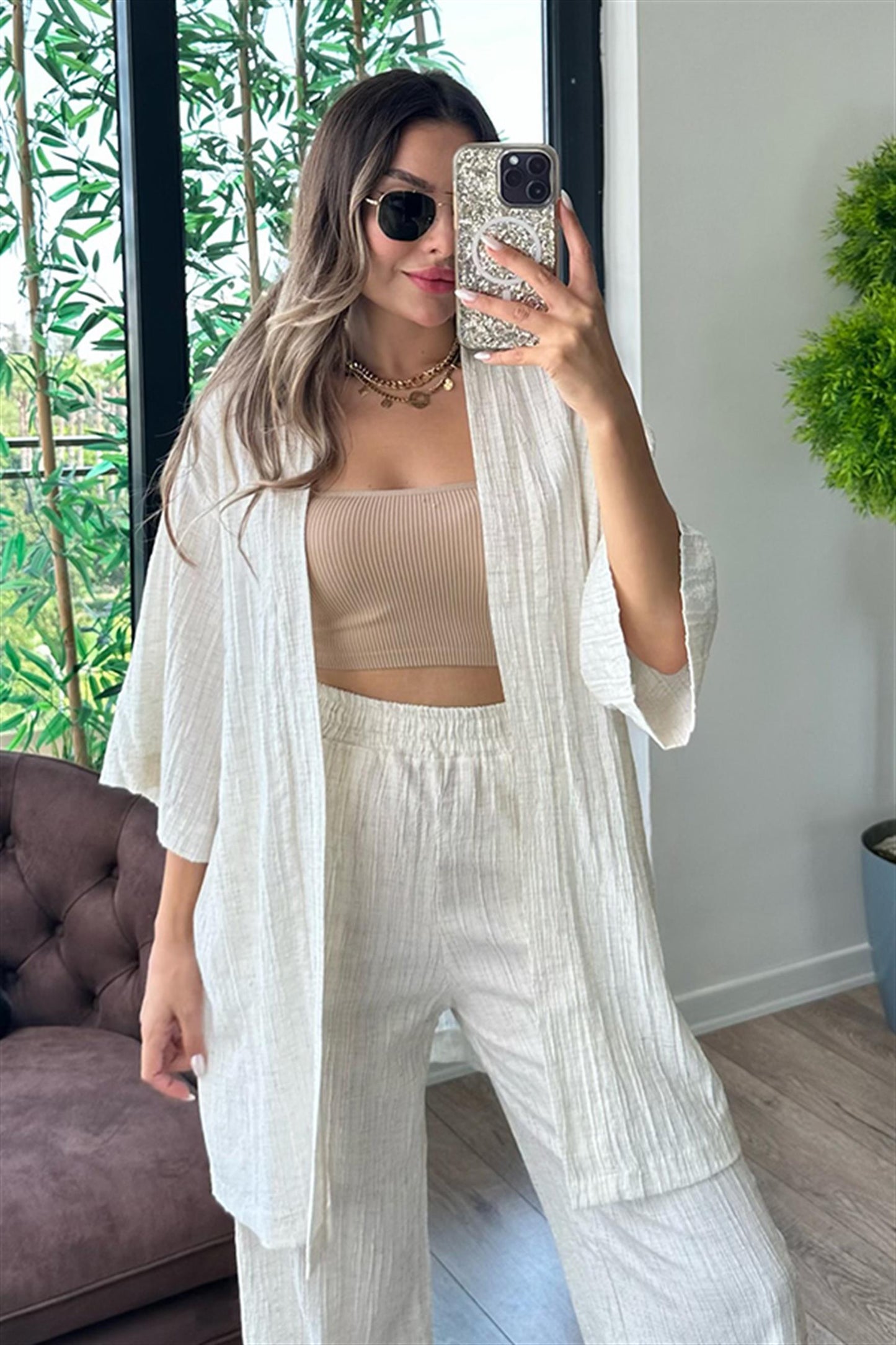 Soary krem kimonolu bohem takım