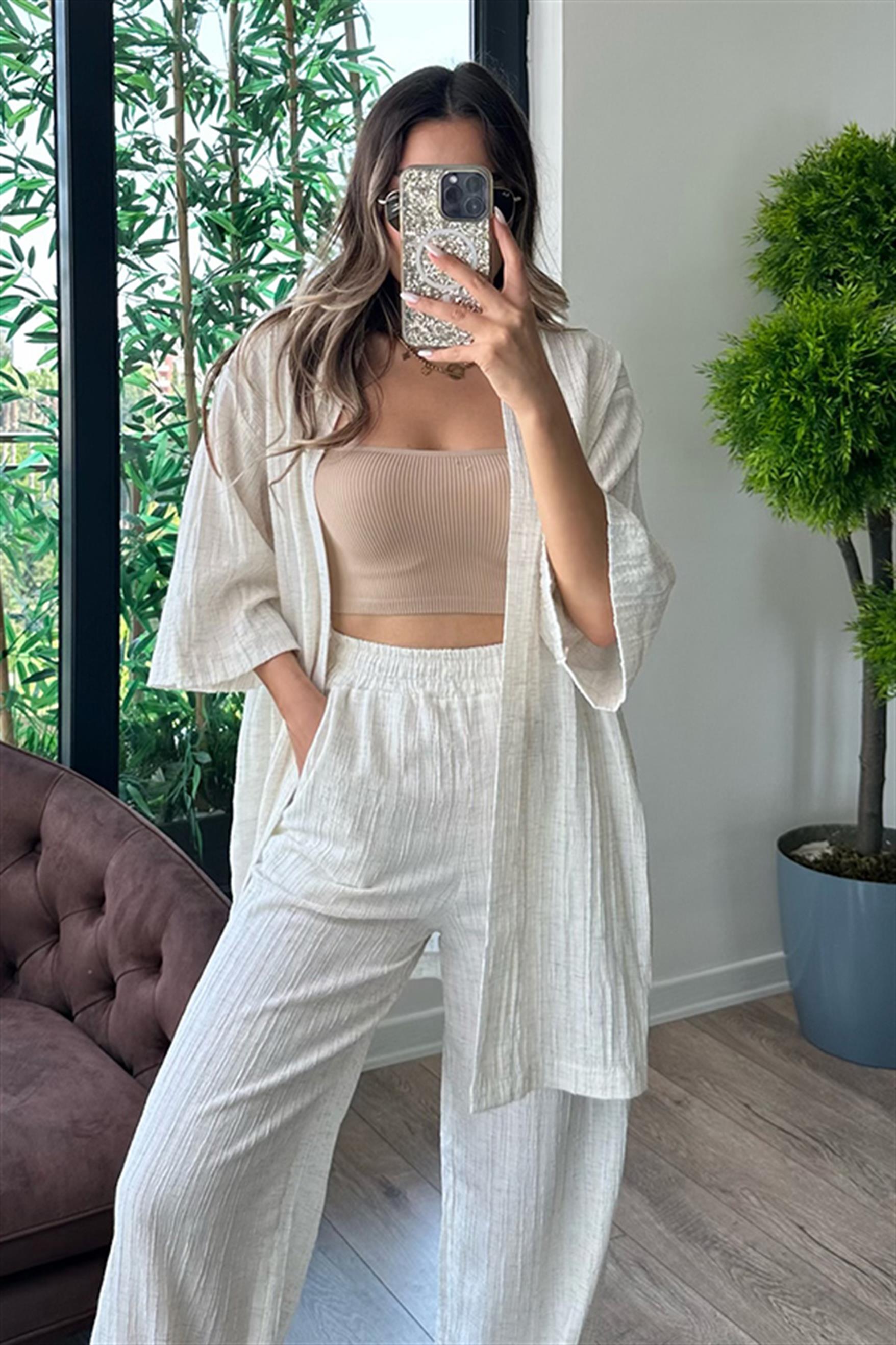 Soary krem kimonolu bohem takım