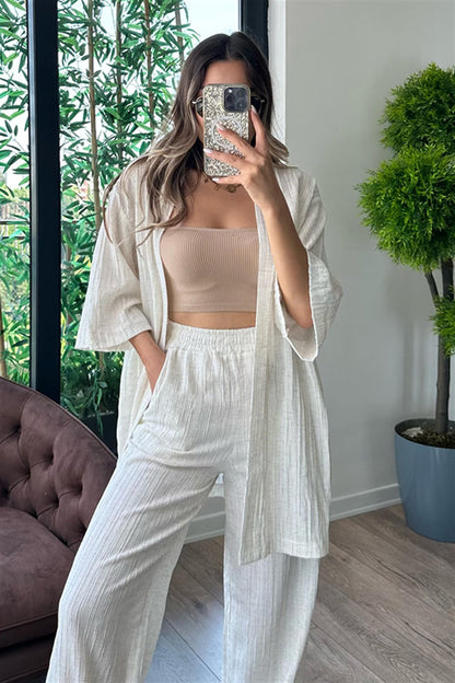 Soary krem kimonolu bohem takım