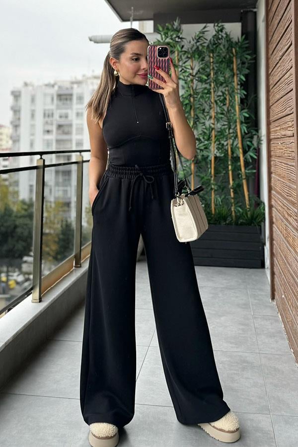 Sofy Fermuarlı Body ve Pantolon Takım - Siyah
