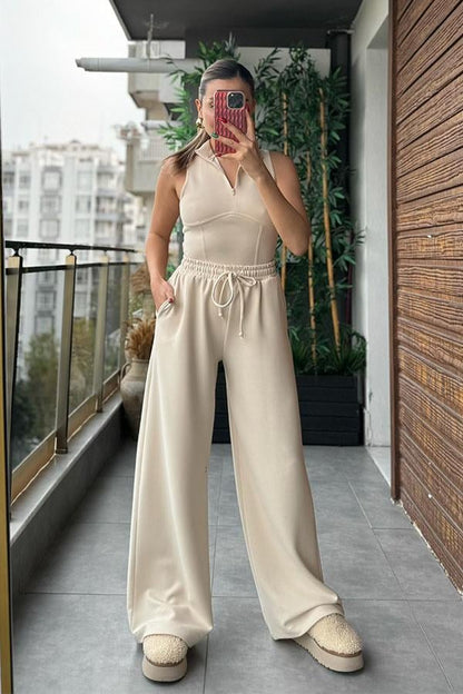 Sofy Fermuarlı Body ve Pantolon Takım - Krem