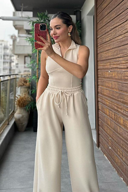 Sofy Fermuarlı Body ve Pantolon Takım - Krem