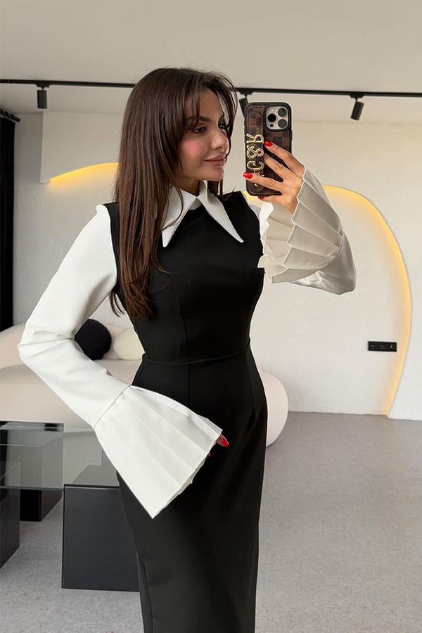 Soina Gömlek Yaka Kolları Pilise Elbise