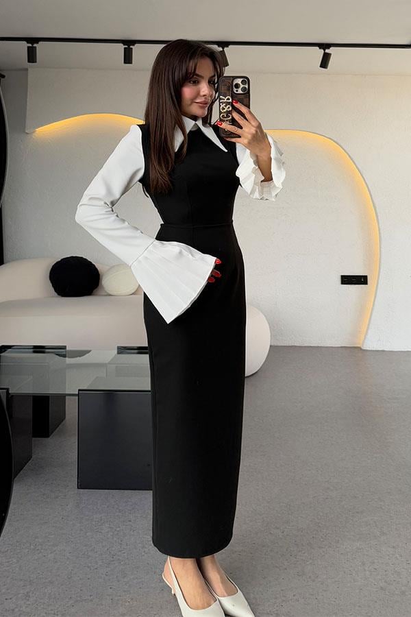 Soina Gömlek Yaka Kolları Pilise Elbise