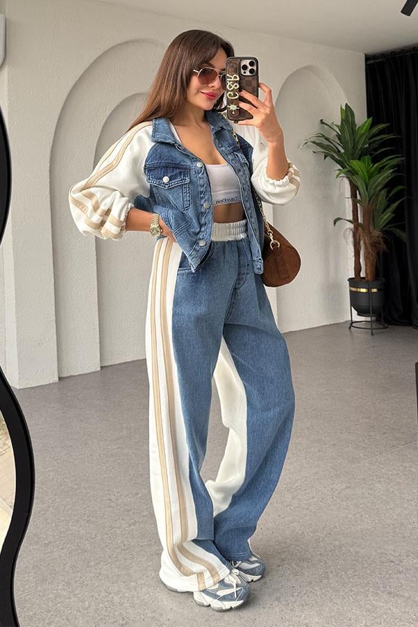 Soire Denim Geçişli Beyaz Takım