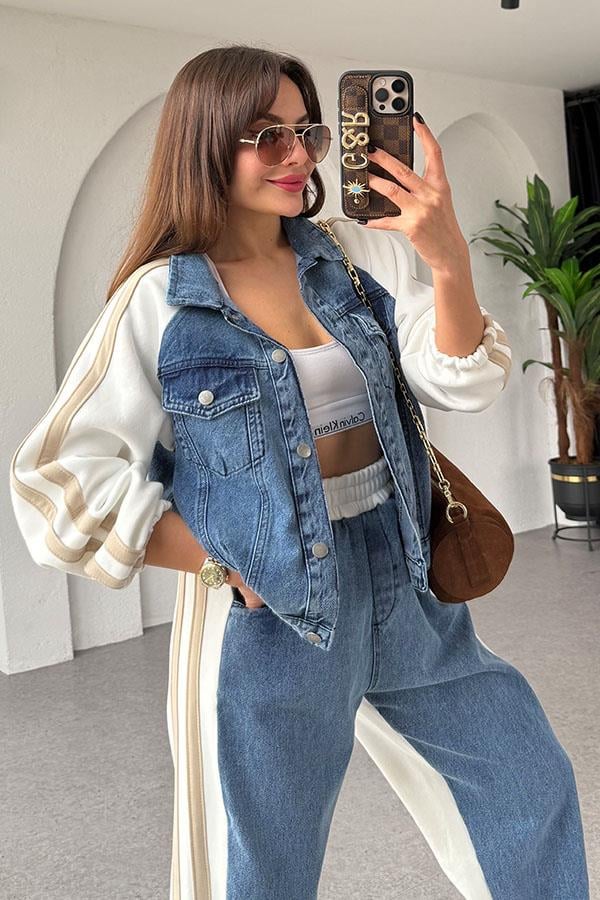 Soire Denim Geçişli Beyaz Takım