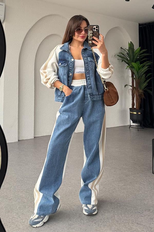 Soire Denim Geçişli Beyaz Takım