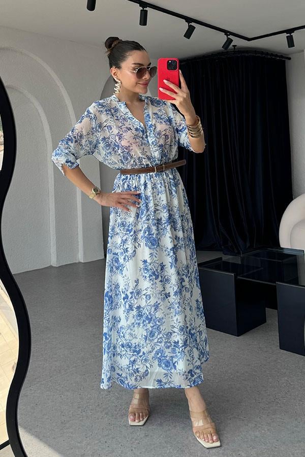 Solaro Mavi Çiçekli Kemerli Elbise