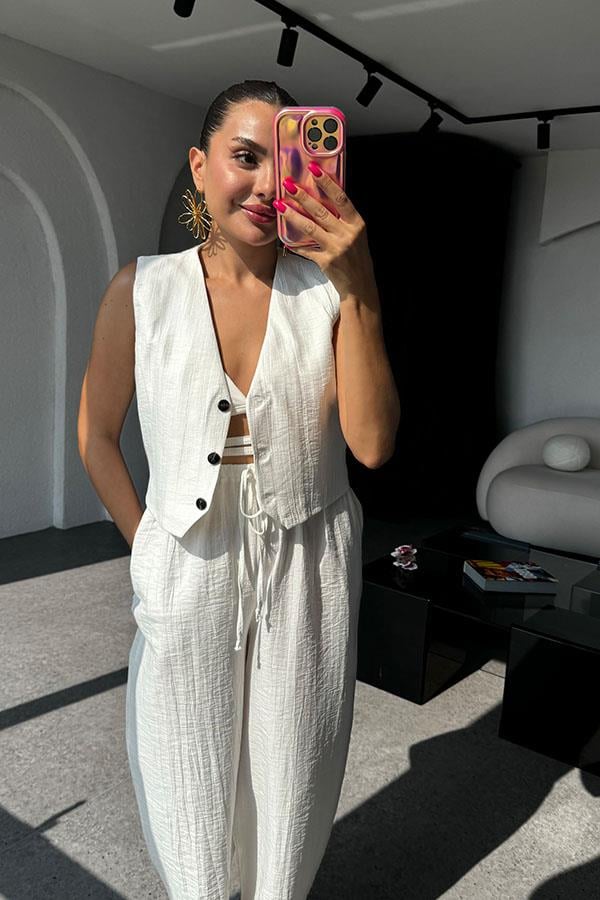 Solasta Tensel Beyaz Yelekli Pantolon Takım