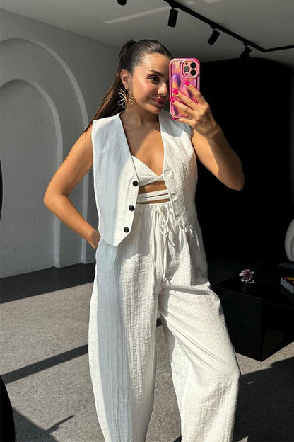 Solasta Tensel Beyaz Yelekli Pantolon Takım