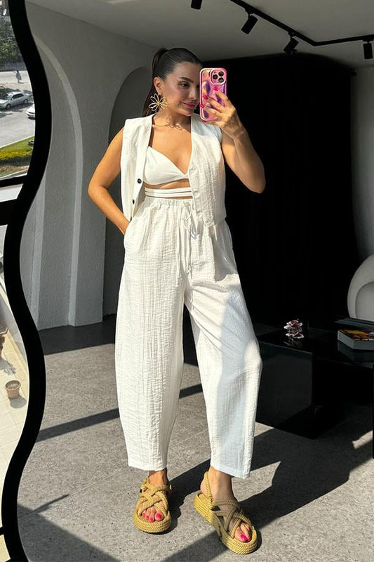 Solasta Tensel Beyaz Yelekli Pantolon Takım