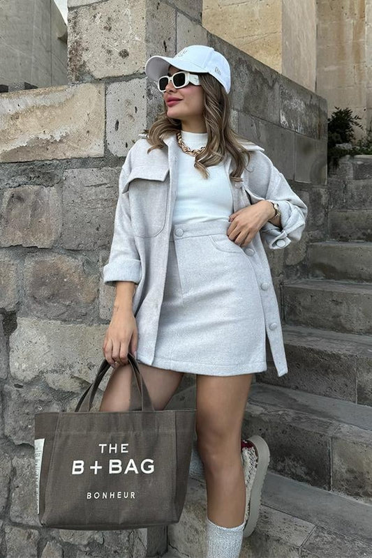 Solei Kaşe Etekli Ceket Takım - Krem