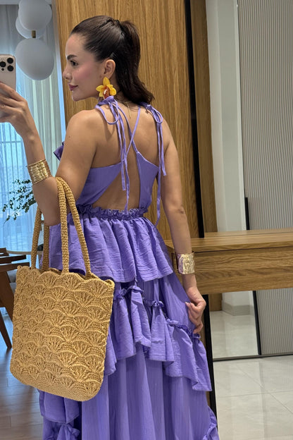 Solene Lila Kat Kat Fırfırlı Sırt Dekolteli Uzun Elbise