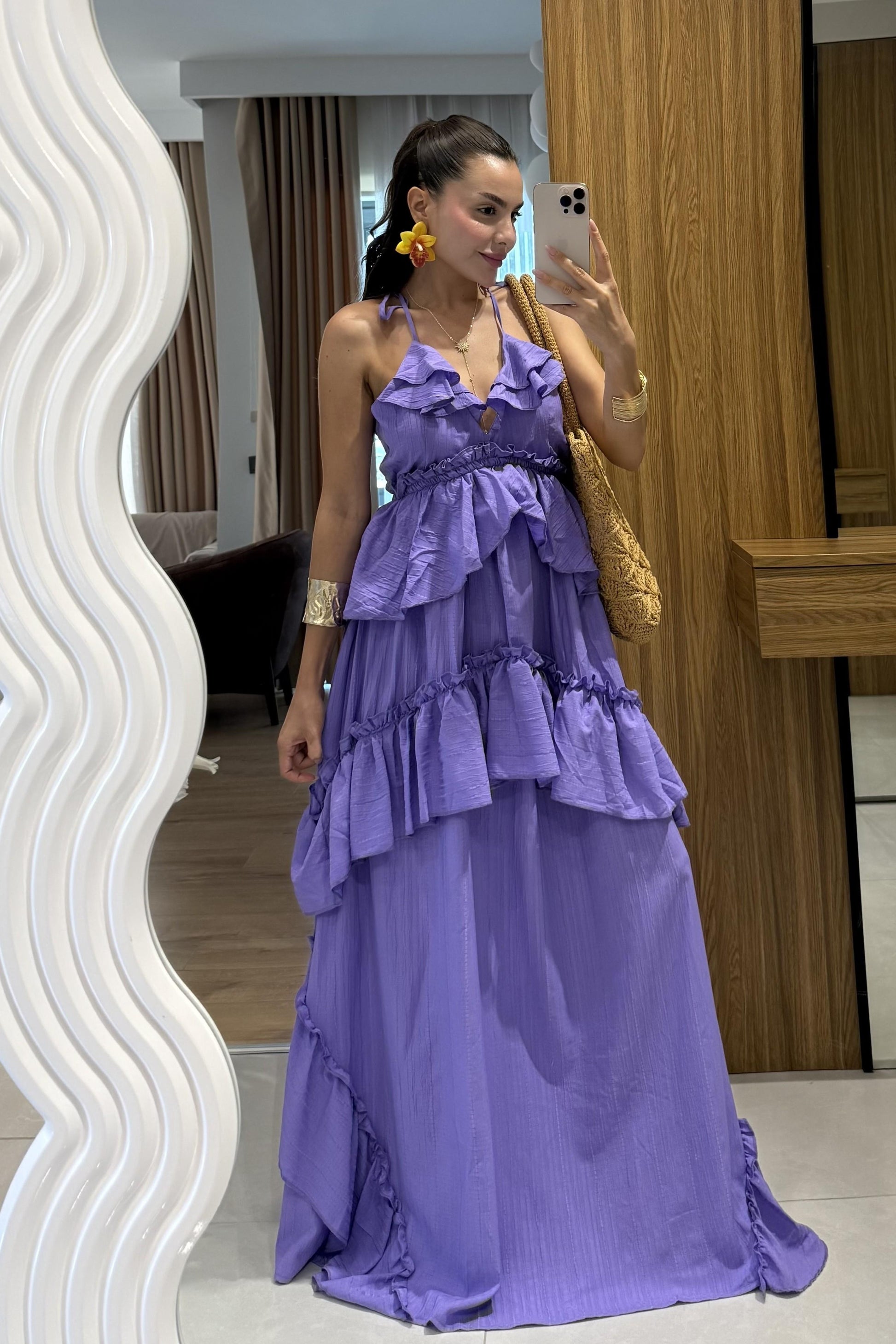 Solene Lila Kat Kat Fırfırlı Sırt Dekolteli Uzun Elbise