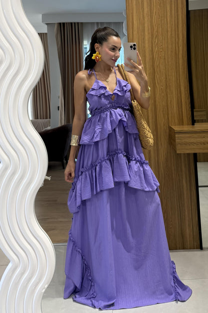 Solene Lila Kat Kat Fırfırlı Sırt Dekolteli Uzun Elbise