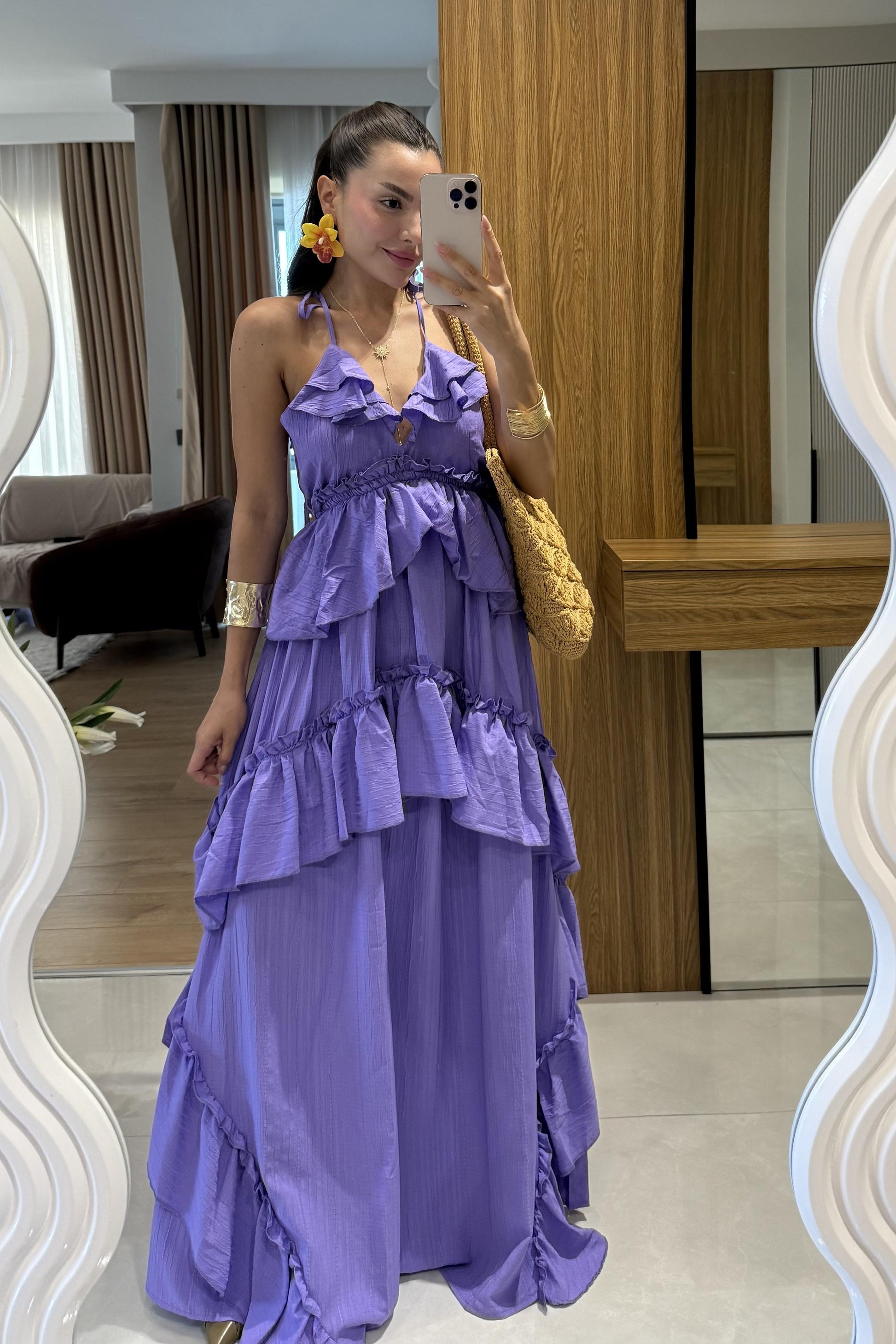 Solene Lila Kat Kat Fırfırlı Sırt Dekolteli Uzun Elbise