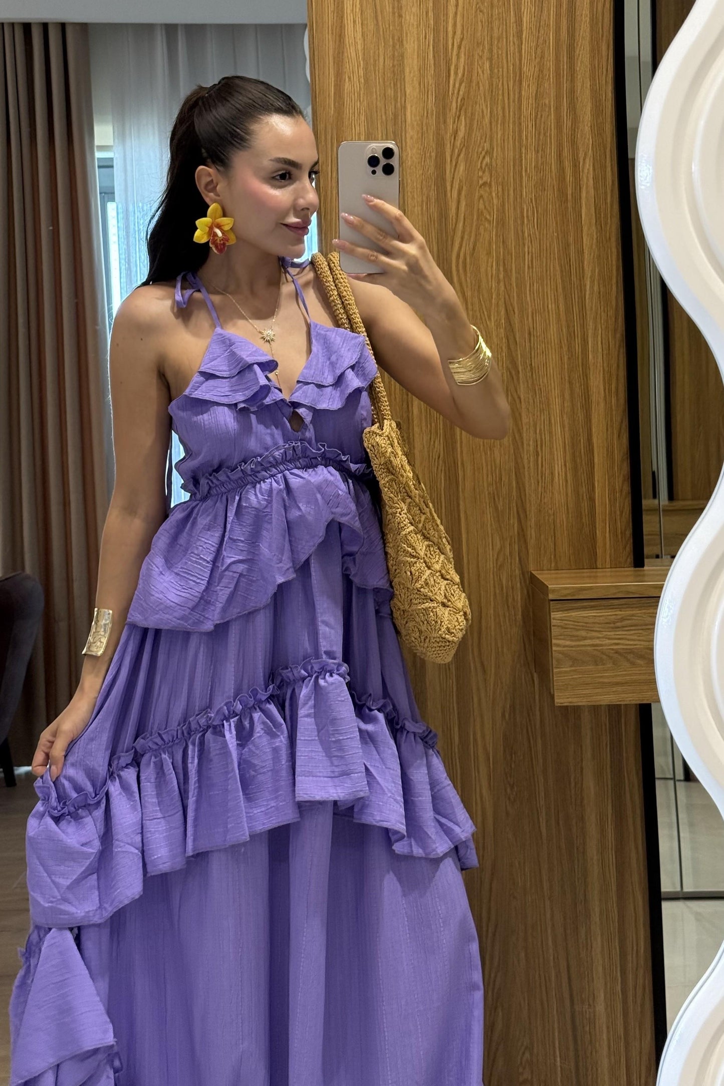 Solene Lila Kat Kat Fırfırlı Sırt Dekolteli Uzun Elbise