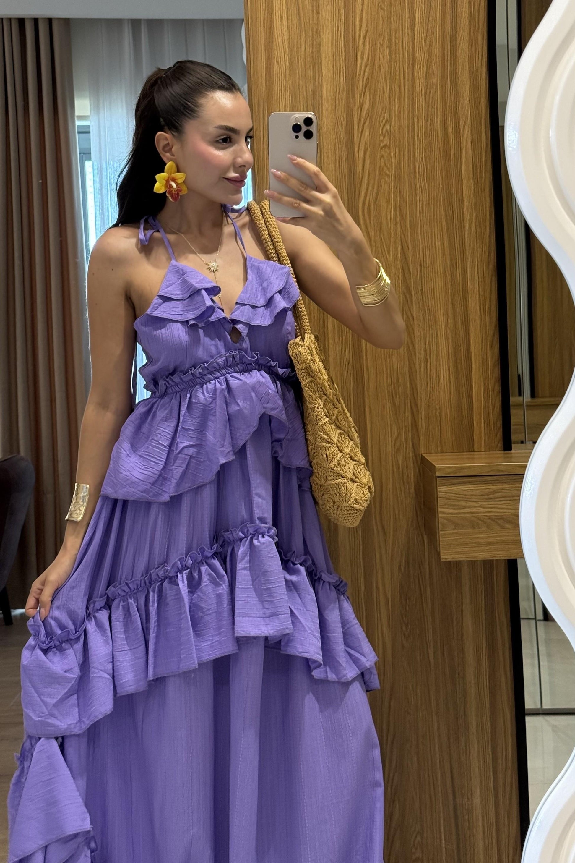 Solene Lila Kat Kat Fırfırlı Sırt Dekolteli Uzun Elbise