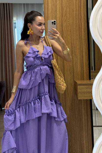 Solene Lila Kat Kat Fırfırlı Sırt Dekolteli Uzun Elbise