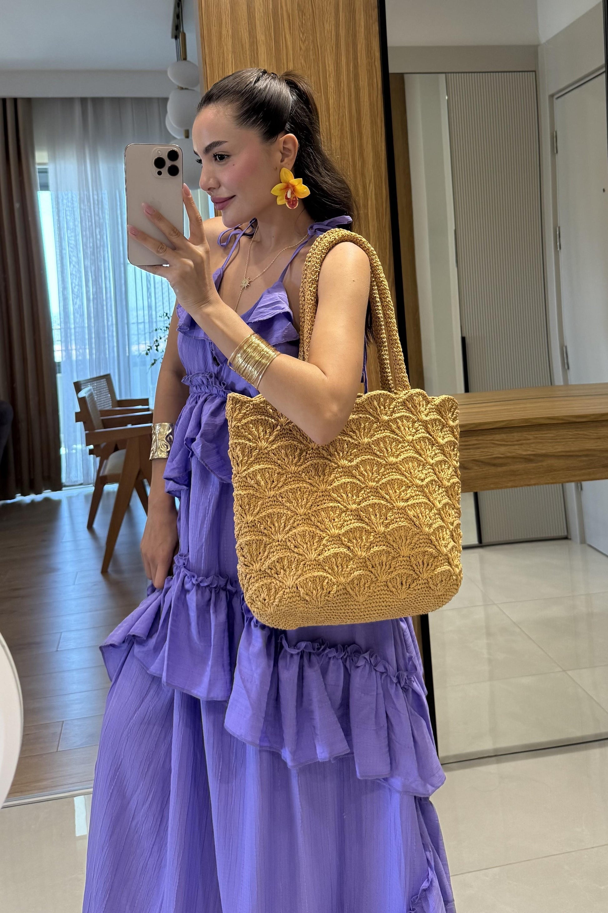 Solene Lila Kat Kat Fırfırlı Sırt Dekolteli Uzun Elbise