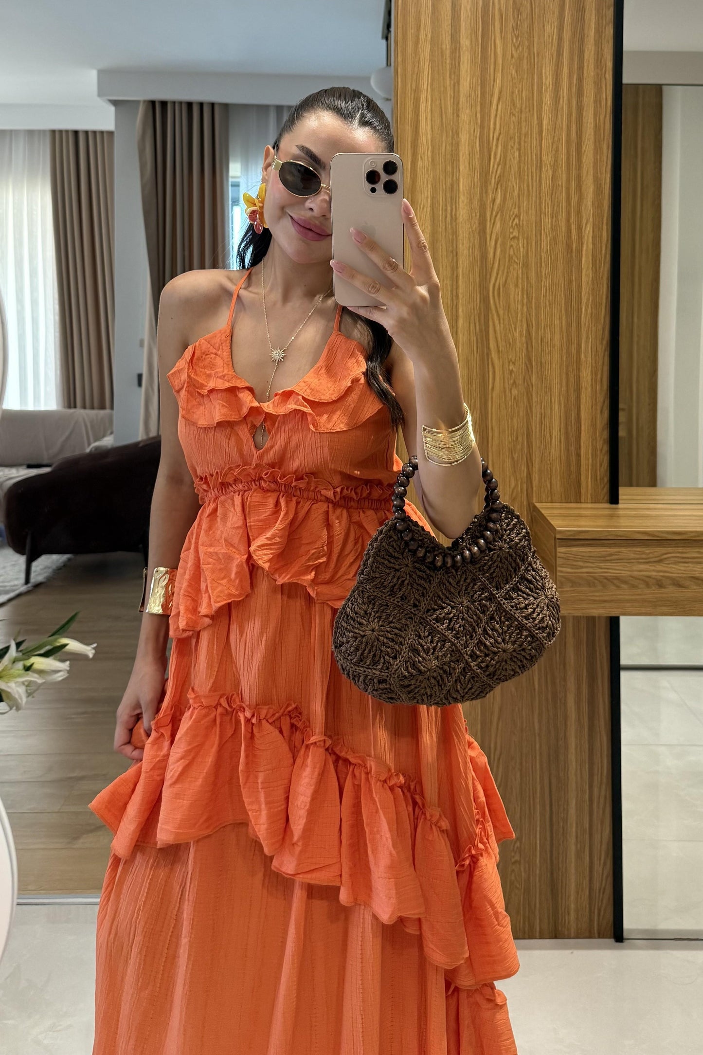 Solene Turuncu Kat Kat Fırfırlı Sırt Dekolteli Uzun Elbise