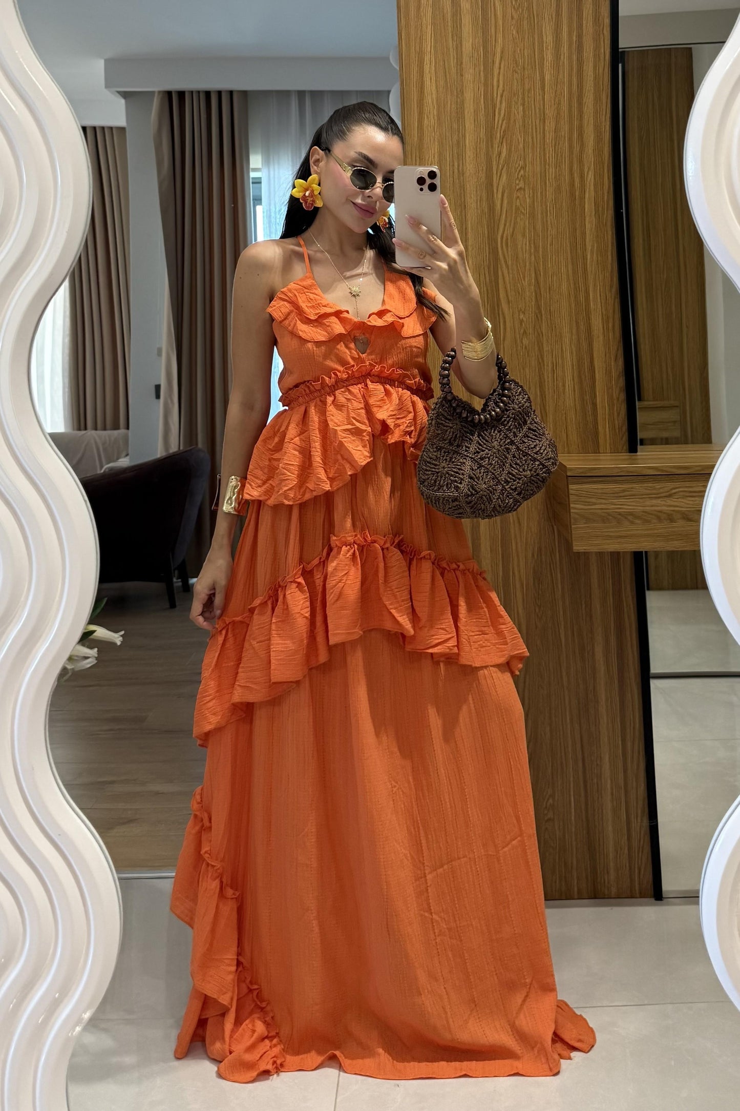 Solene Turuncu Kat Kat Fırfırlı Sırt Dekolteli Uzun Elbise