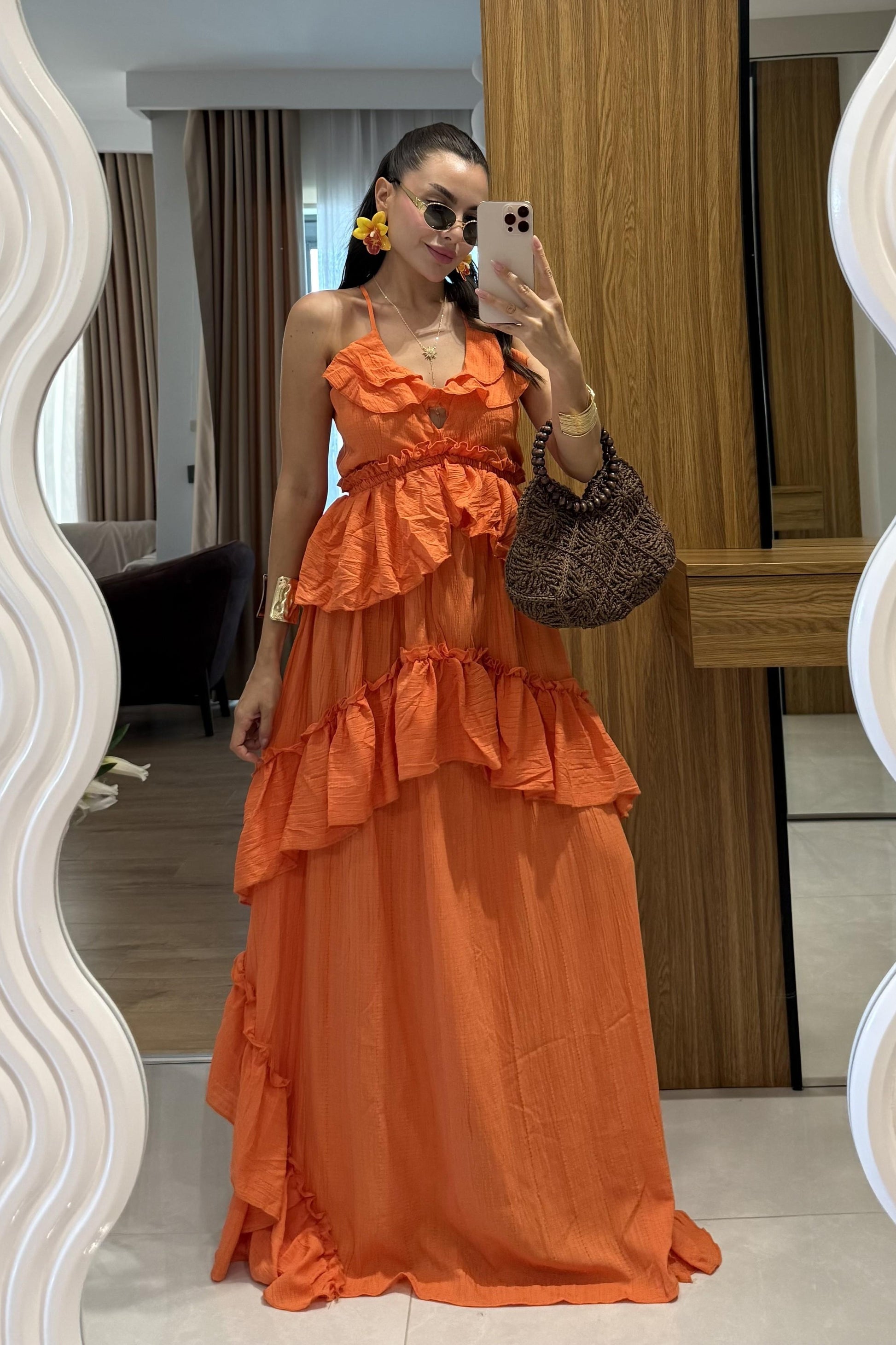 Solene Turuncu Kat Kat Fırfırlı Sırt Dekolteli Uzun Elbise