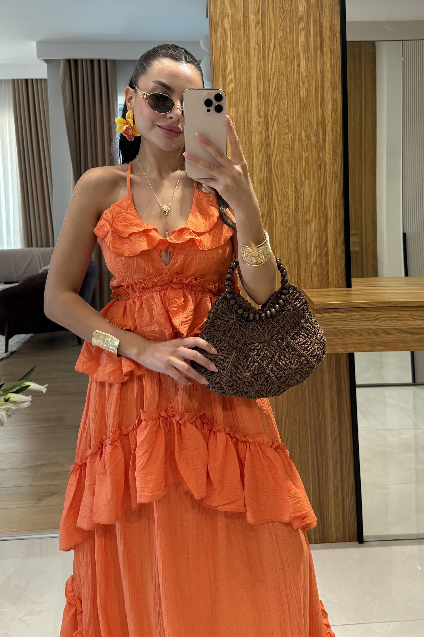 Solene Turuncu Kat Kat Fırfırlı Sırt Dekolteli Uzun Elbise