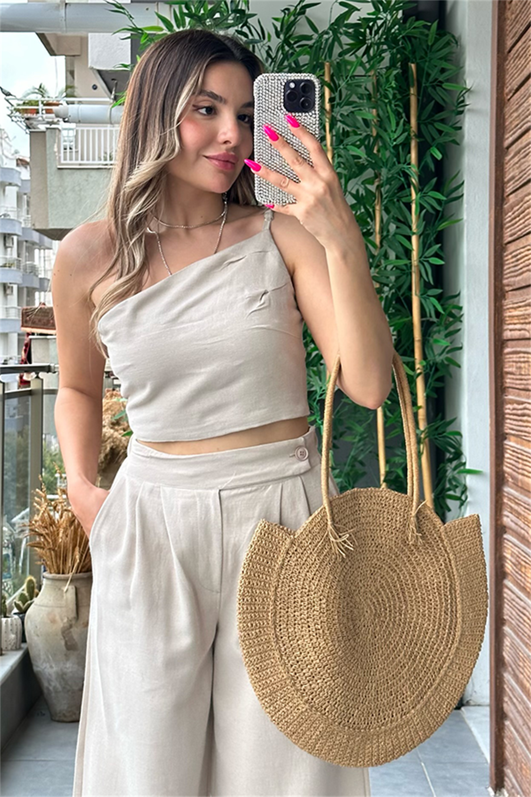 Sonya tek omuz keten takım - Krem