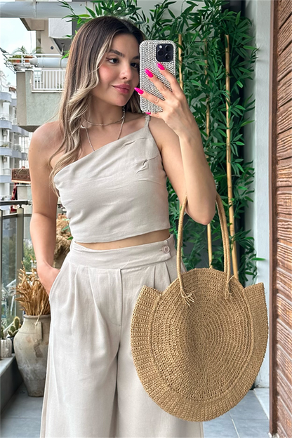 Sonya tek omuz keten takım - Krem