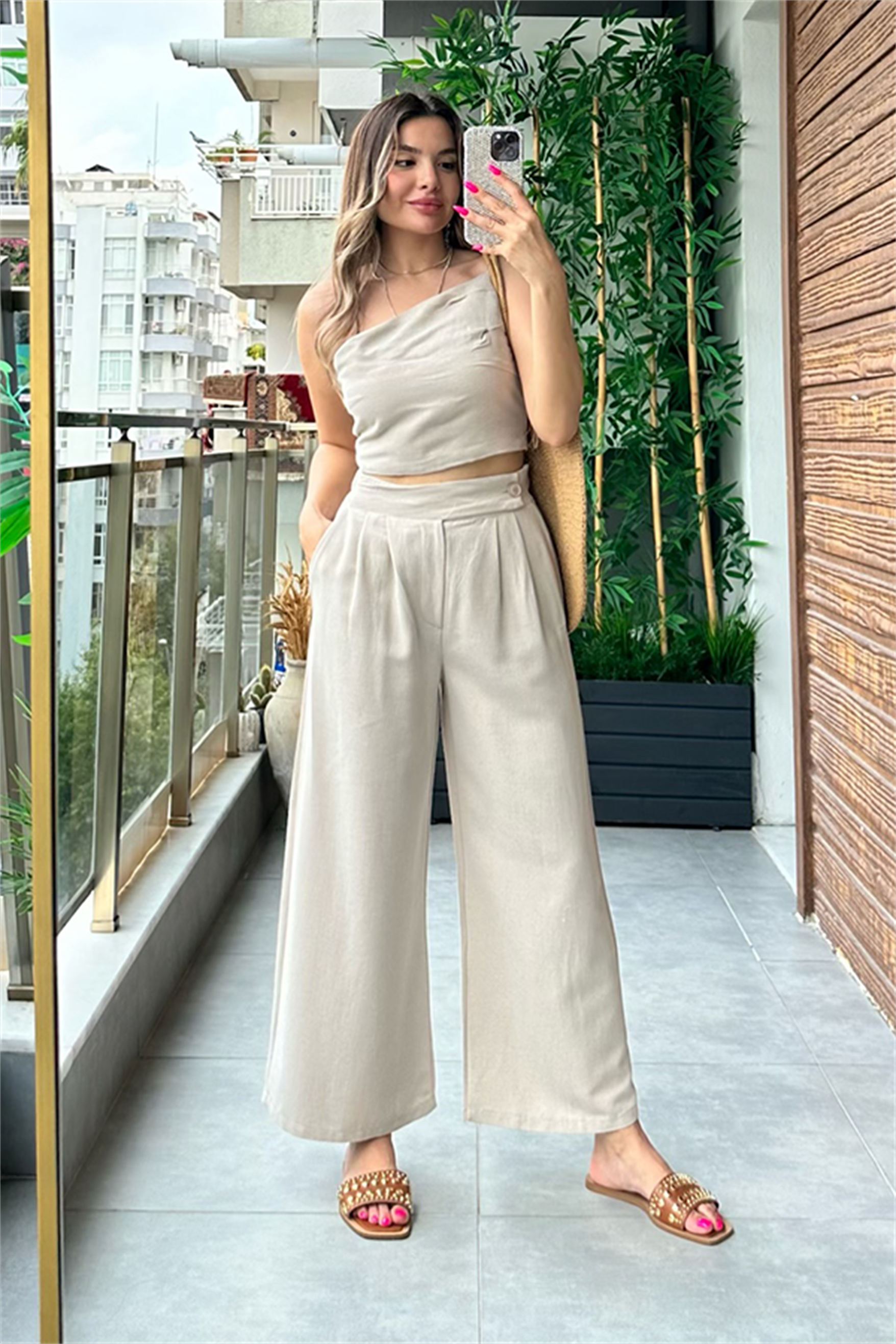 Sonya tek omuz keten takım - Krem