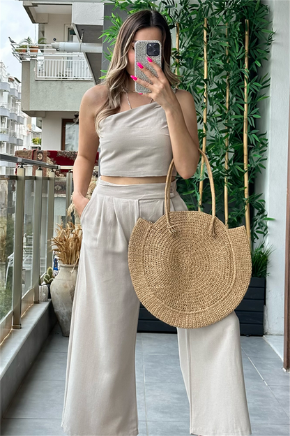 Sonya tek omuz keten takım - Krem