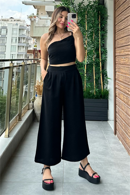 Sonya tek omuz keten takım - Siyah