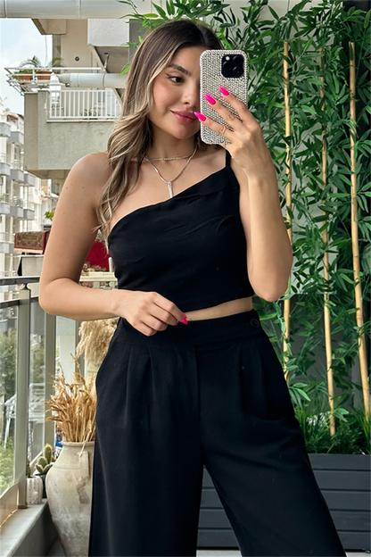 Sonya tek omuz keten takım - Siyah