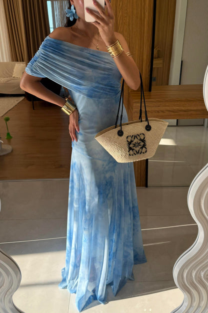 Sophya Mavi Desenli Uzun Elbise