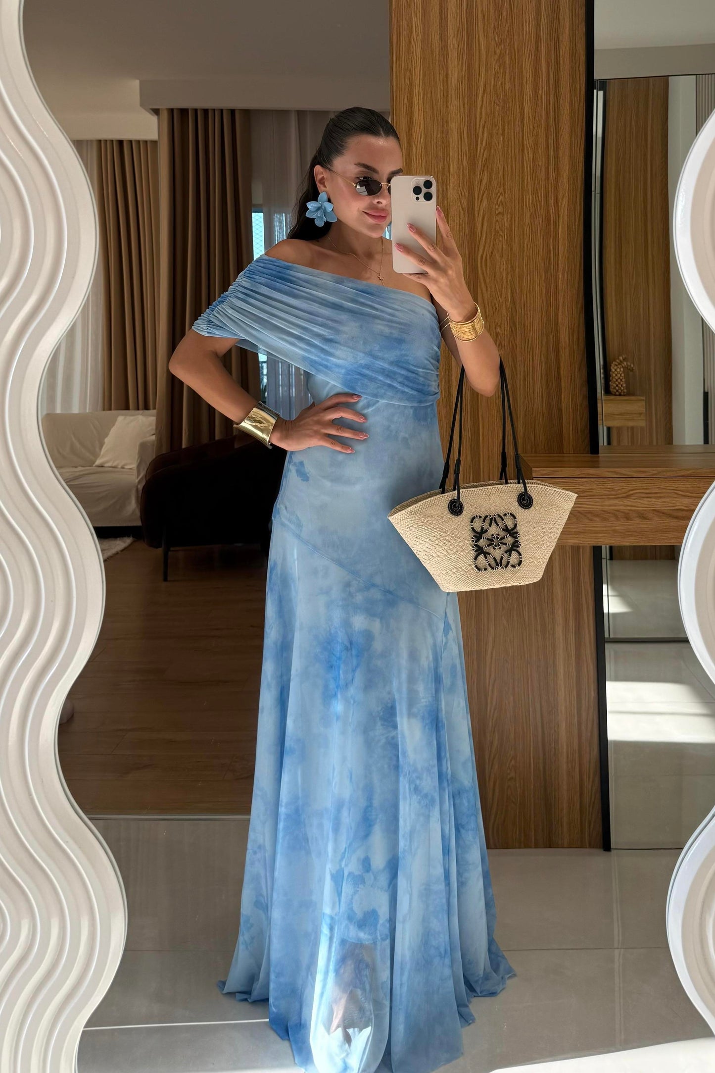 Sophya Mavi Desenli Uzun Elbise