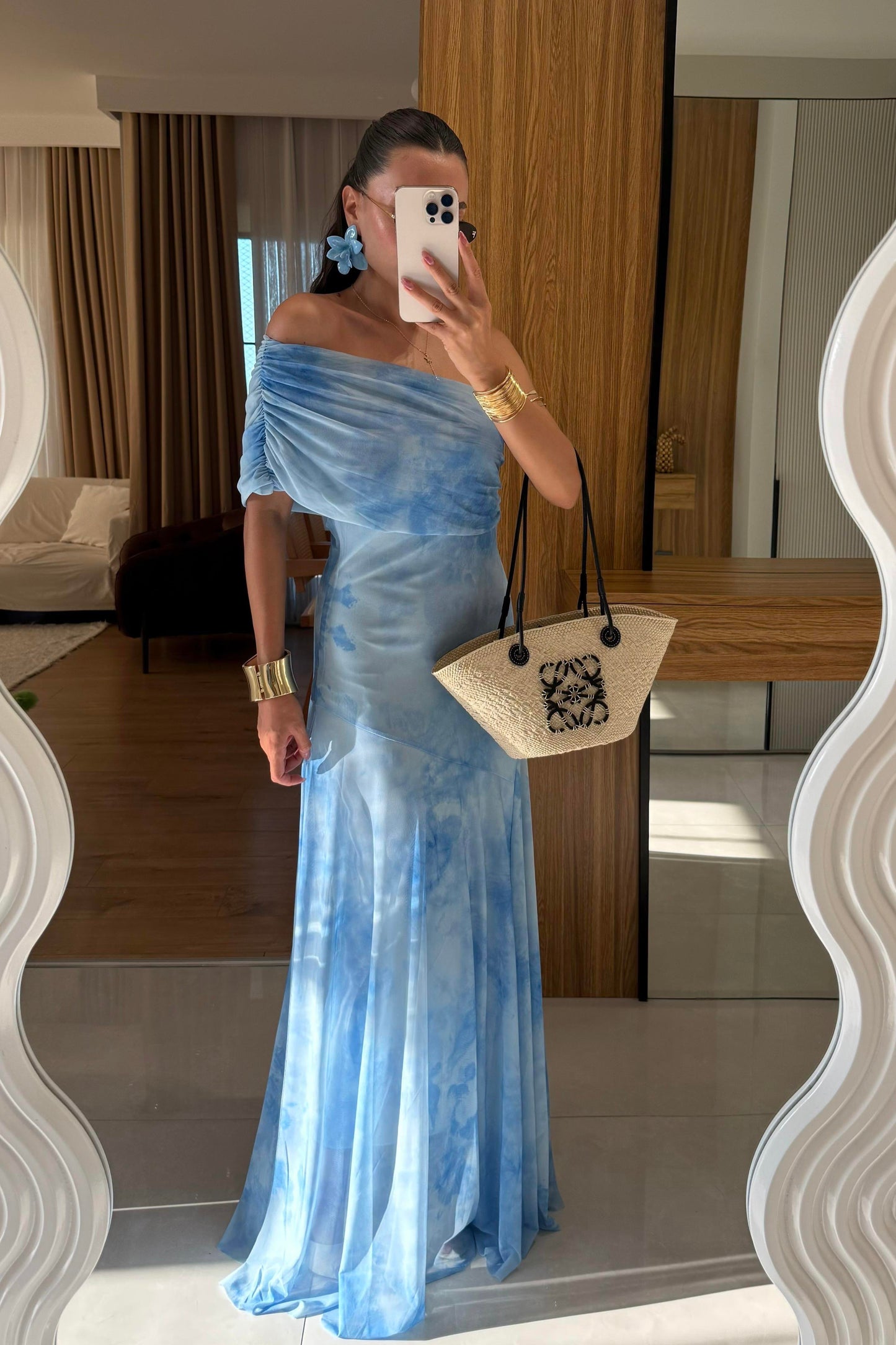 Sophya Mavi Desenli Uzun Elbise