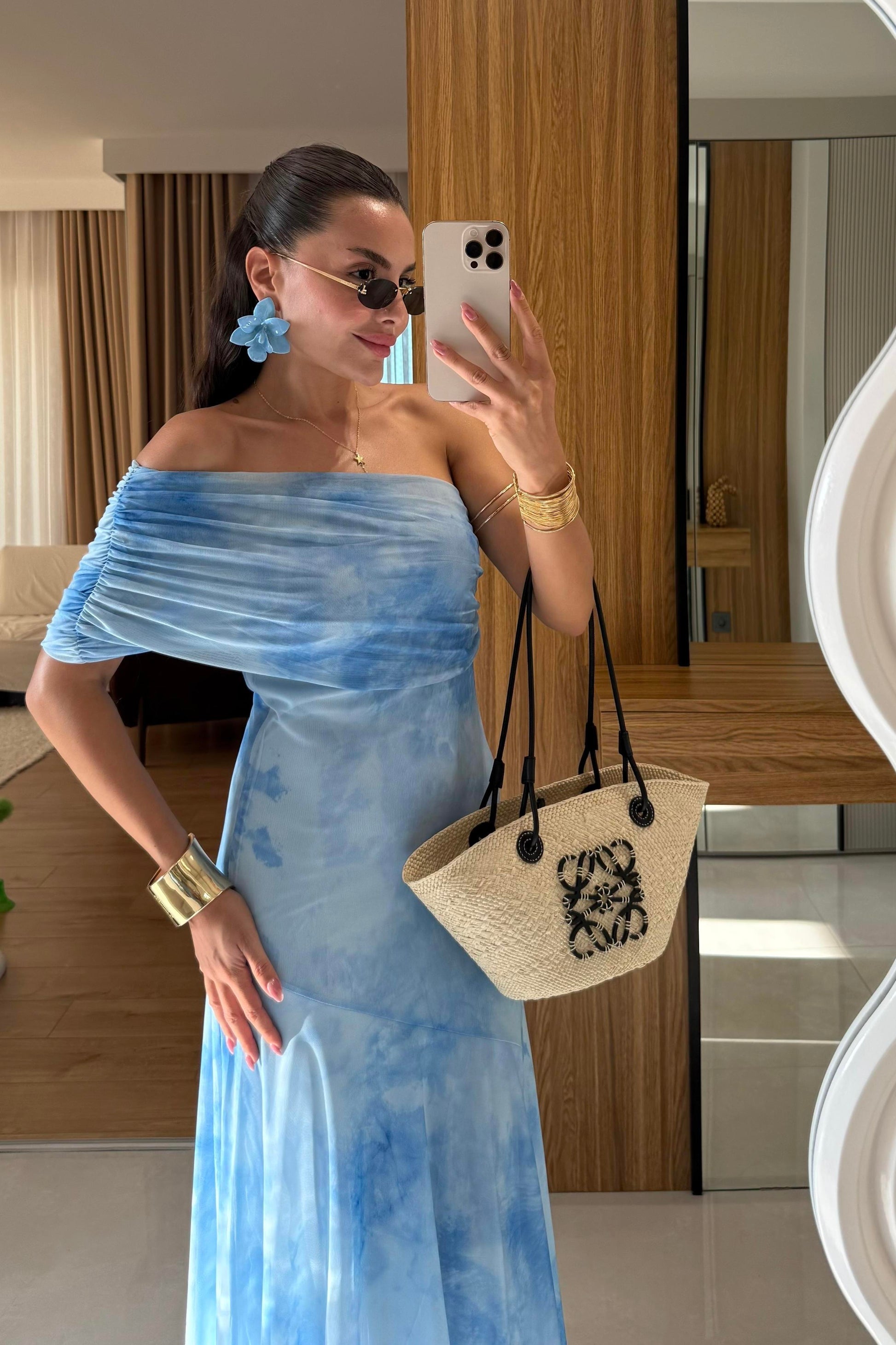 Sophya Mavi Desenli Uzun Elbise