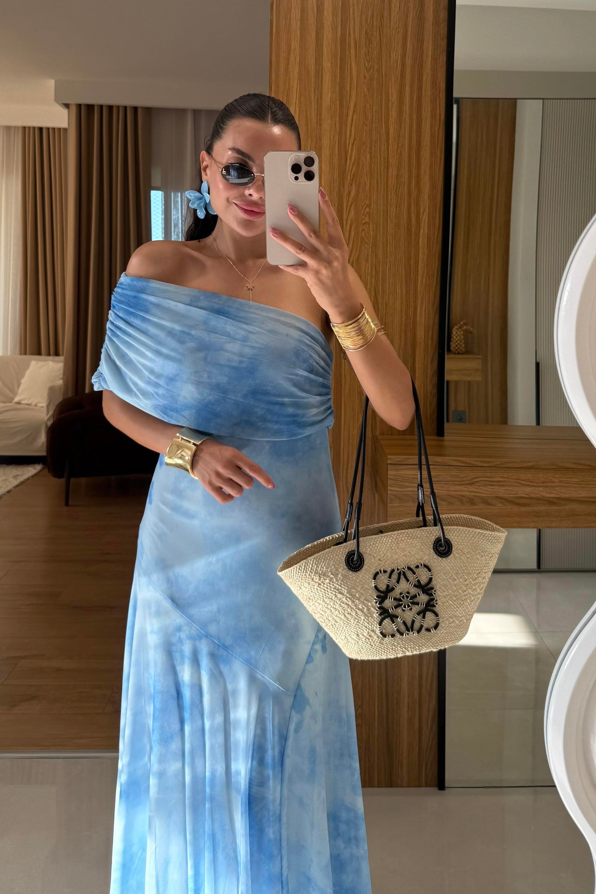 Sophya Mavi Desenli Uzun Elbise