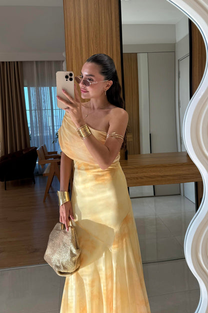 Sophya Sarı Desenli Uzun Elbise