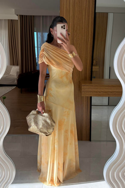 Sophya Sarı Desenli Uzun Elbise