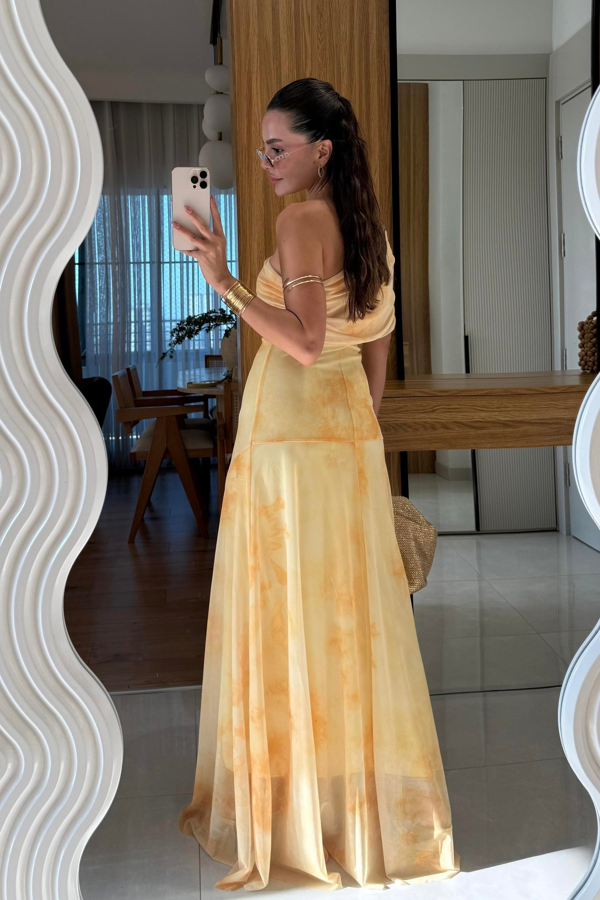 Sophya Sarı Desenli Uzun Elbise