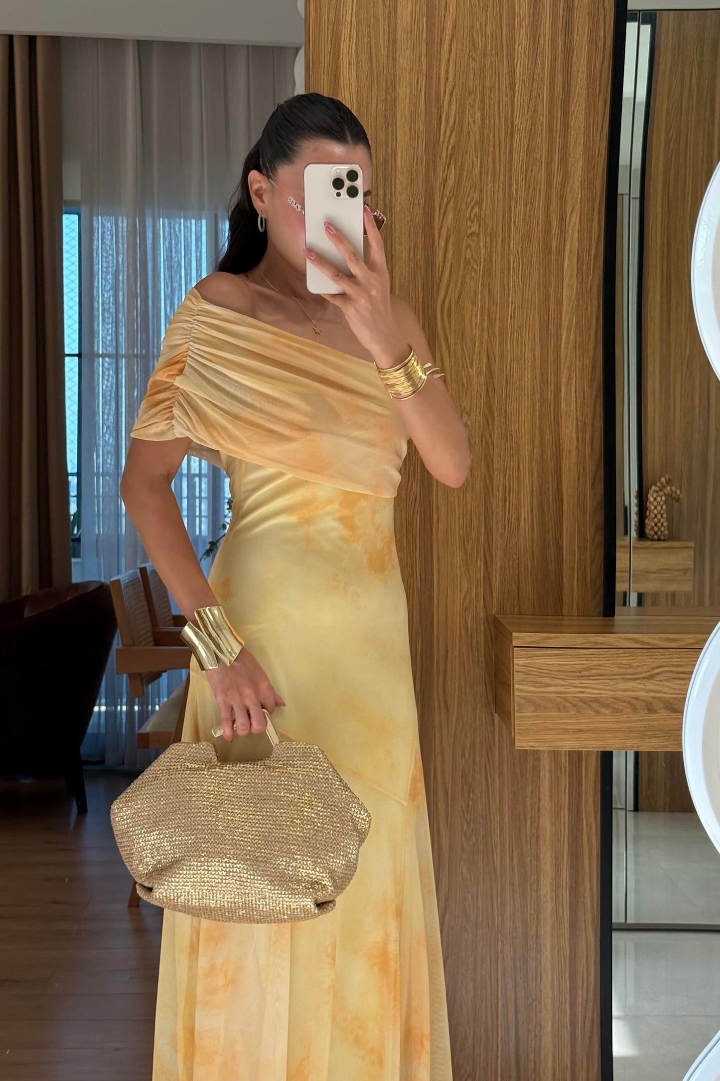 Sophya Sarı Desenli Uzun Elbise